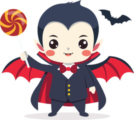 Cartoon illustration of a cute vampire character holding a lollipop, with a bat flying in the background.