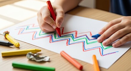 A child's hand drawing zigzag lines on a piece of paper with crayons.