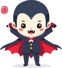 A cute cartoon vampire character dressed in a suit and cape, holding a red and white swirled lollipop.