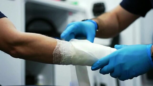 A medical professional wearing blue gloves carefully wraps a sterile gauze bandage around a patient's injured arm providing first aid.
