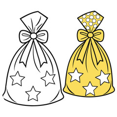 Two gift bags one colored yellow with stars and one outline on white background present packaging
