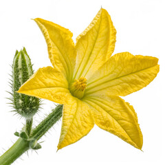 Close up yellow cucumber flower and immature fruit on stem yellow flower cucumber plant