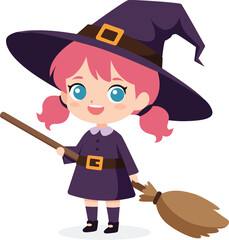 A cartoon illustration of a young girl dressed as a witch, wearing a hat and holding a broom.