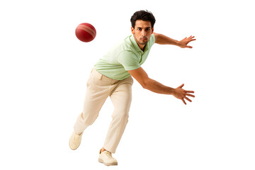 Cricket bowler delivering red ball in dynamic action wearing green shirt and beige pants isolated on transparent background PNG