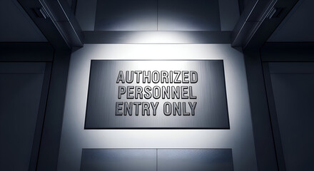 Fototapeta premium Authorized Entry Sign Illuminated Inside a Metallic Building Interior with a Modern Design.