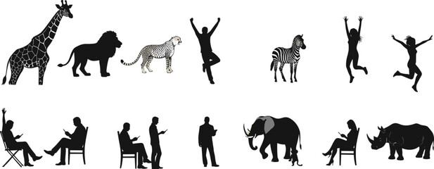 Silhouettes of diverse people with disabilities, wheelchair and cane users, accessibility inclusion theme, healthcare support concept, social equality awareness, flat vector