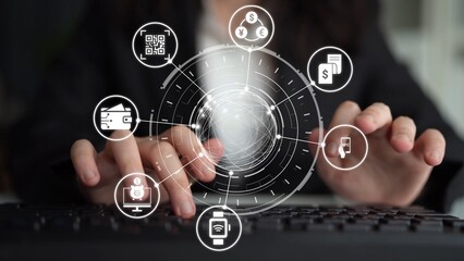 Digital wallet icons show mobile payment, digital wallet transfer, and online banking. Digital wallet supports secure payment, cashless transactions, and financial integration. Funnel