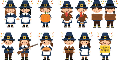Thanksgiving Pilgrim characters, cartoon children, festive costumes, pumpkin, turkey, pie, heart balloon, musket, signs, celebration illustration, autumn theme