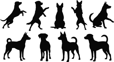 Silhouettes of dogs in different poses, various breeds illustration, pet animal concept, canine behavior artwork, domestic animals design, posture study, flat vector