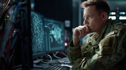 A military analyst studies network patterns on secure workstations. Concept of AI-enabled threat detection, visualization, and encrypted operations.