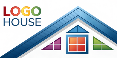 Logo House text with stylized house roof and windows graphic image