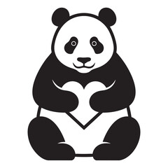 Cute Sitting Panda Holding a Heart Symbol, Black and White Love Vector Illustration