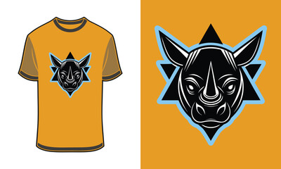 Tshirt mockup rhinoceros head graphic with blue starburst orange animal wildlife