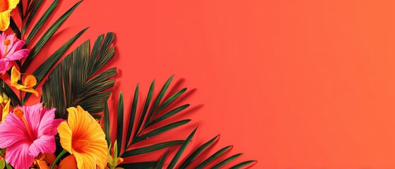 Vibrant hibiscus flowers and tropical palm leaves are arranged in the corner on an orange background creating a colorful summer scene.