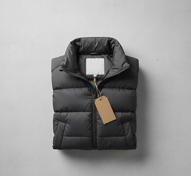 Charcoal grey puffer vest mockup with a blank cardboard price tag and neck label. Top view flat lay for an outerwear or sportswear brand.