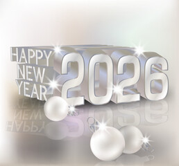 New 2026 year with silver xmas balls, vector illustration