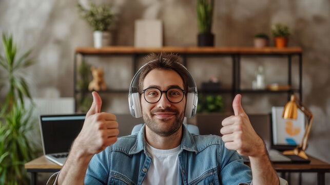 Young Caucasian man with glasses and headphones gives thumbs up in a modern workspace with plants and laptops. - Powered by Adobe