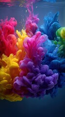 Obraz premium Vivid and mesmerizing rainbow colored ink plumes gracefully dispersing into a fluid medium creating a captivating underwater abstract scene.