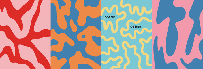 Collection of Multicolor Retro Abstract Wavy Shapes Poster Backgrounds. Modern Art Design Template Set for Ads, Covers, Social Media Graphics, Shop, Discount, Sale and Flyer Decoration	