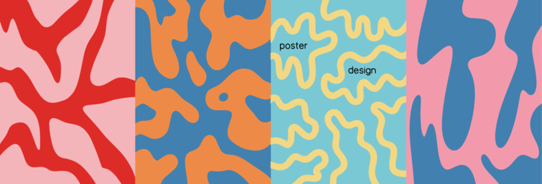 Collection of Multicolor Retro Abstract Wavy Shapes Poster Backgrounds. Modern Art Design Template Set for Ads, Covers, Social Media Graphics, Shop, Discount, Sale and Flyer Decoration	