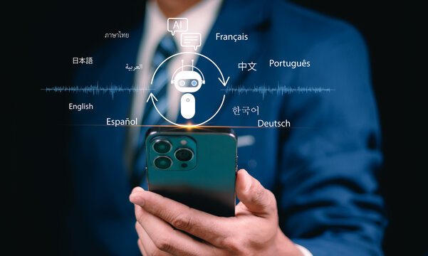 AI-Powered Language Translate App Concept. A person holds smartphone displaying an AI powered language translation app. Screen features robot and multiple languages, symbolizing global communication.