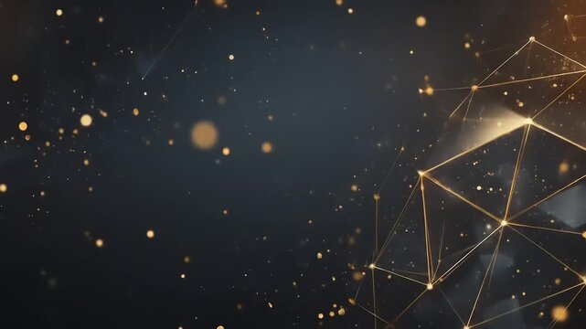 A dark background is accented by gold geometric shapes, connected by lines and floating dots