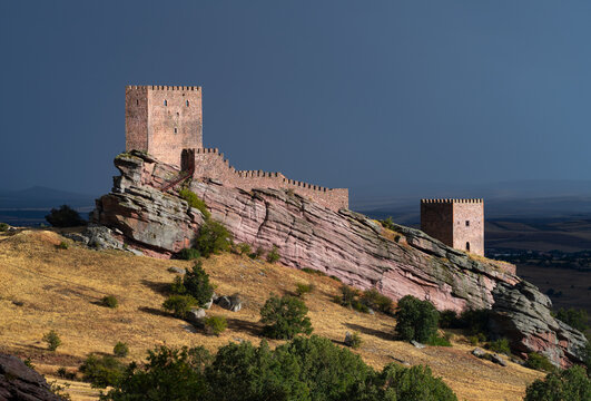 Campillo de Due&ntilde;as, Guadalajara, Castilla-La Mancha, Spain. September 15, 2022. Sunset at Zafra Castle in the surroundings of the Sierra de Caldereros. Molina Alto Tajo Geopark.
