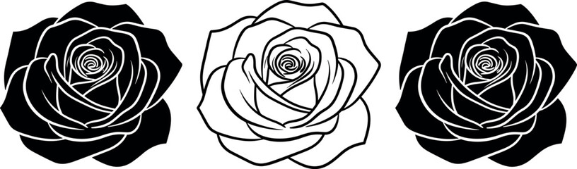Stylized rose silhouette set, black and white floral vector illustration, spiral petal design, bold and minimal flower artwork for tattoo or decor