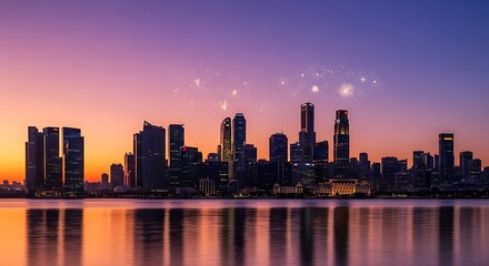 Obraz premium Vibrant sunset paints the sky over a modern city skyline reflected in calm water