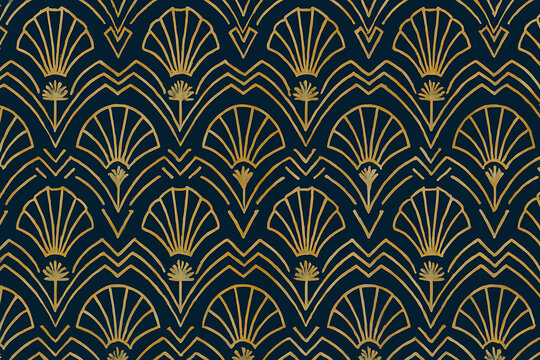 Repeating pattern of golden art deco shell and fan motifs in a hand-drawn style on a dark blue background, evoking luxury and vintage elegance
