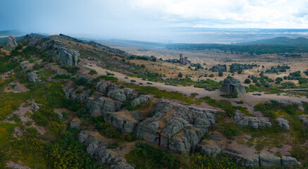Fototapeta premium Sunset in the Castle of Zafra and the Sierra de Caldederos. Molina Alto Tajo Geopark. Guadalajara. Castilla la Mancha. Spain. Europe. Rewilding Europe