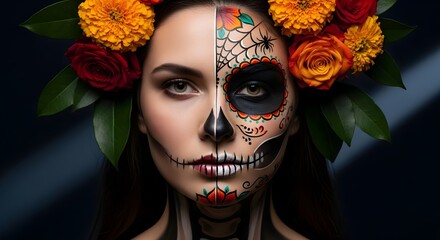 Vibrant dia de los muertos celebration with half sugar skull face paint and floral headpiece for halloween