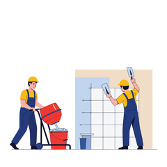 Construction workers mixing cement and plastering a wall.