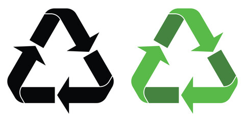 Recycle arrow icons. Black and green recycle icon with three rotating arrows forming recycling symbol. Recycle icon for sustainability, waste management, environmental protection. Vector illustration.
