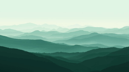 Minimalist landscape with layered green mountain silhouettes fading into a misty horizon. Smooth gradient tones create depth and calm atmosphere, perfect for nature, travel, or eco design themes.