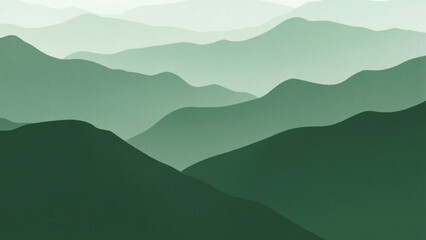 Minimalist landscape with layered green mountain silhouettes fading into a misty horizon. Smooth gradient tones create depth and calm atmosphere, perfect for nature, travel, or eco design themes.