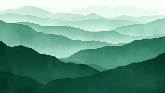 Minimalist landscape with layered green mountain silhouettes fading into a misty horizon. Smooth gradient tones create depth and calm atmosphere, perfect for nature, travel, or eco design themes.