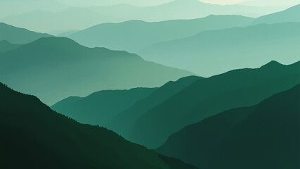 Minimalist landscape with layered green mountain silhouettes fading into a misty horizon. Smooth gradient tones create depth and calm atmosphere, perfect for nature, travel, or eco design themes.