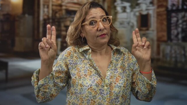 Woman in floral blouse and glasses makes finger quotes gesture inside ornate catholic church interior; sarcasm.