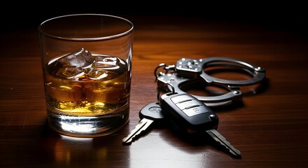 Safe driving reminder with whiskey glass, car keys, and handcuffs on wooden table
