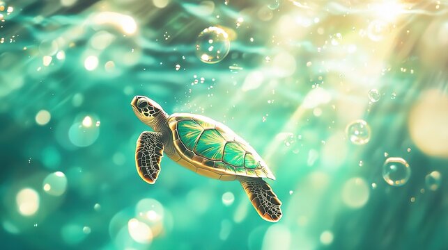 2. A tiny sea turtle glides through turquoise waters with specks of sun rays shining down