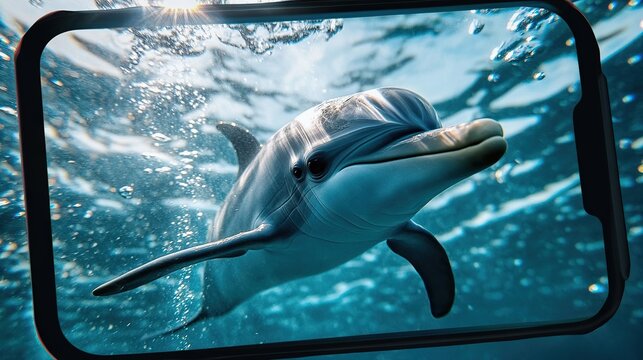 1. A cute baby dolphin swims joyfully underwater, light beams scattering across its glossy skin