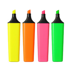 Set of Four Colorful Neon Highlighter Markers on a Transparent Background