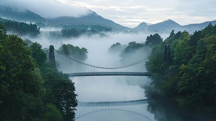 A serene suspension bridge spans a misty river, with lush green trees and mountains in the background.