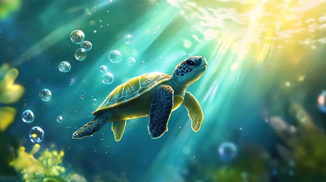 2. A tiny sea turtle glides through turquoise waters with specks of sun rays shining down.