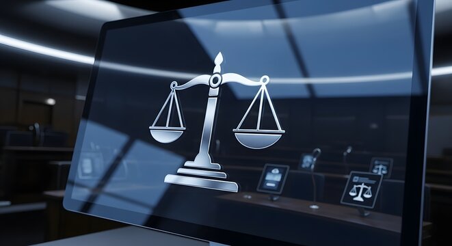 Digital representation of justice symbol in a modern courtroom setting for legal design and decoration