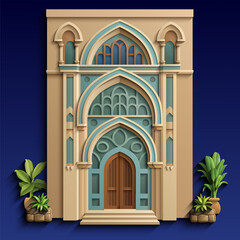 Vector Arabian building facade with arched doorway, turquoise details, and plants, oriental architecture design.