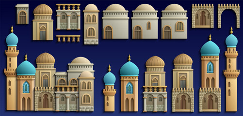 Set of stylized ancient Middle Eastern buildings in paper cut style. Perfect for games, travel guides, architecture projects, or historical infographics. Hand drawn vector illustration