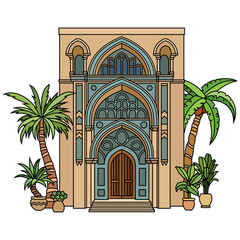 Vector Arabian building facade with arched doorway, turquoise details, and plants, oriental architecture design.