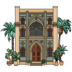 Vector Arabian building facade with arched doorway, turquoise details, and plants, oriental architecture design.